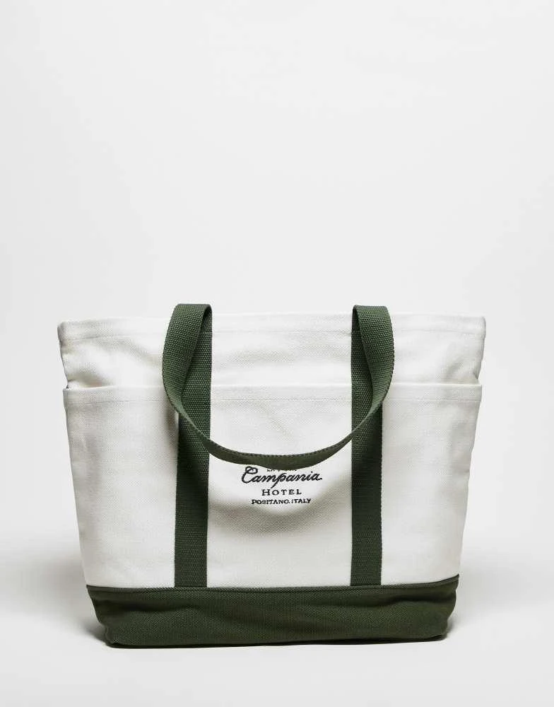 Abercrombie & Fitch Abercrombie & Fitch motif detail tote bag with contrast straps in beige 1