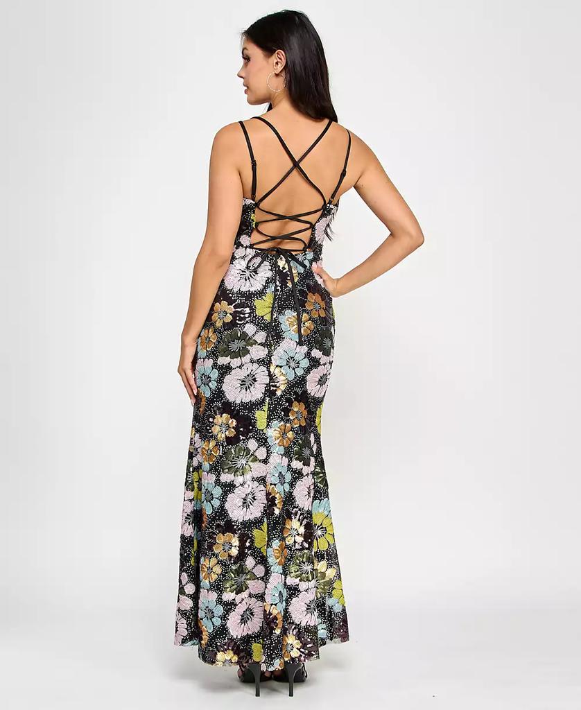 Morgan & Company Juniors' Floral Sequin V-Neck Sleeveless Gown
