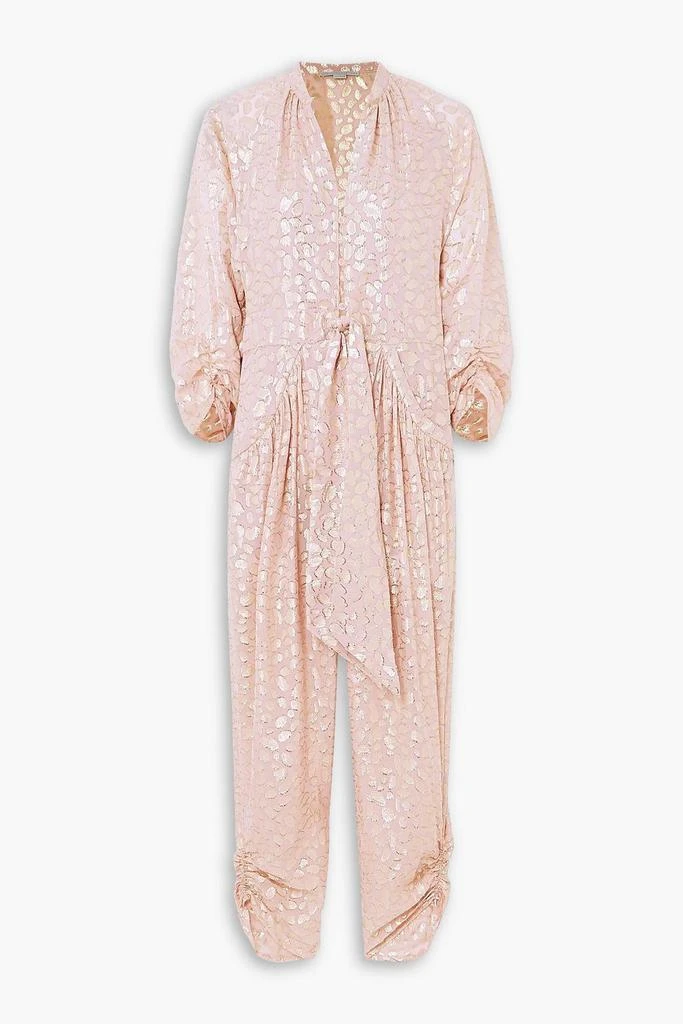 Stella McCartney Tie-front ruched metallic fil coupé silk-blend jumpsuit 1