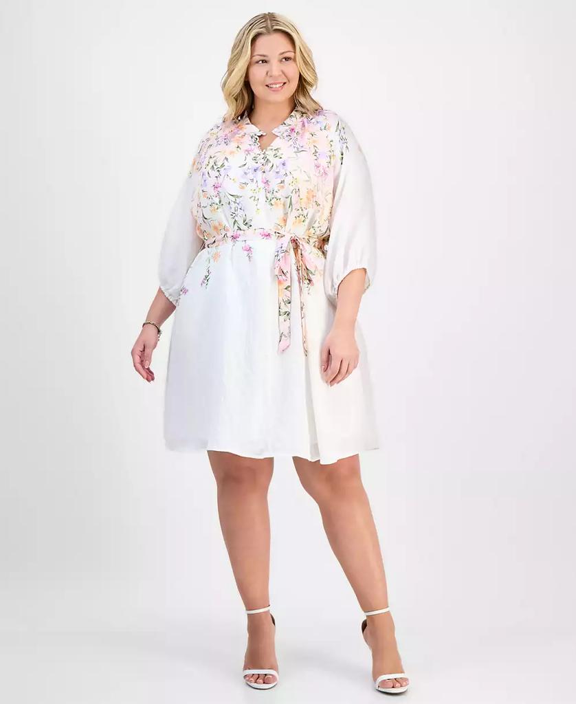 Sandra Darren Plus Size Placed-Floral Tie-Waist Shift Dress
