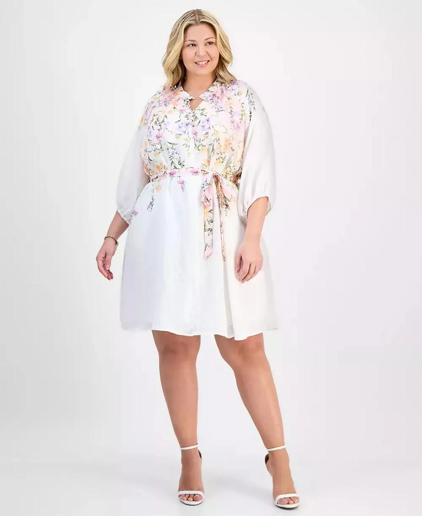 Sandra Darren Plus Size Placed-Floral Tie-Waist Shift Dress 1