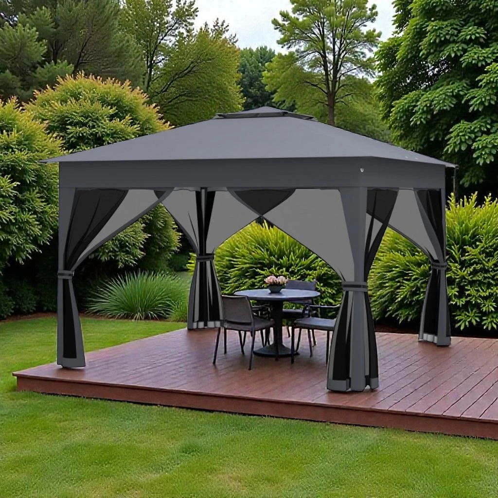 Hivvago 11 x 11 Ft Collapsible Patio Gazebo with Mesh Enclosure and Dual-Layer Roof