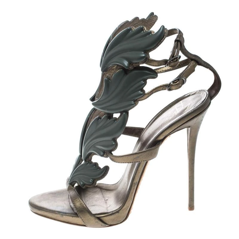 Giuseppe Zanotti Giuseppe Zanotti Olive Green Leather Argent Metal Wing Embellished Strappy Sandals Size 37 2