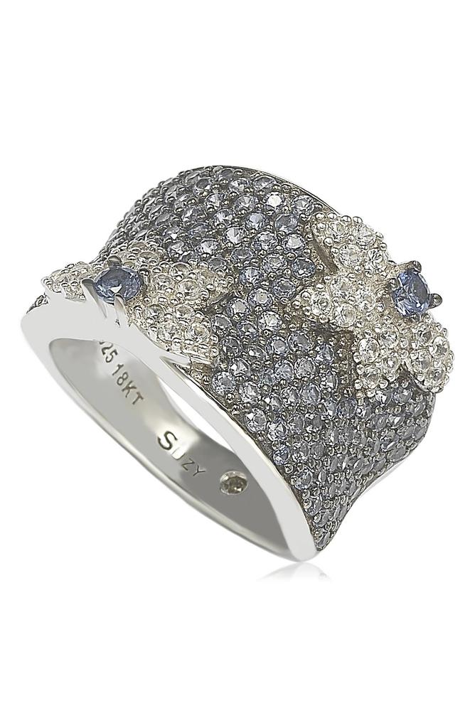 Suzy Levian 18K Gold & Sterling Silver Pavé Blue & Created White Sapphire Diamond Accent Floral Band Ring - 0.02 ctw