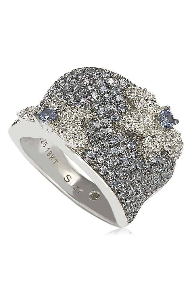 Suzy Levian 18K Gold & Sterling Silver Pavé Blue & Created White Sapphire Diamond Accent Floral Band Ring - 0.02 ctw 1