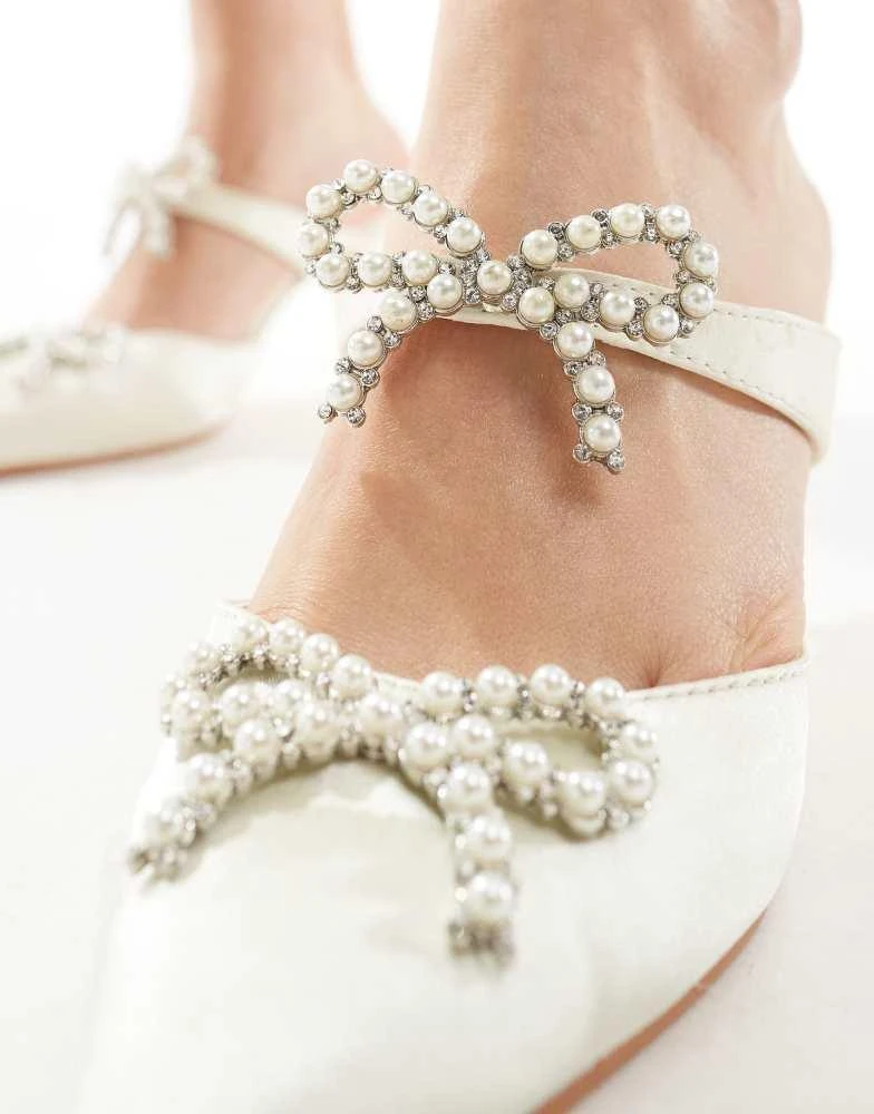 Glamorous Glamorous Bridal pearl embellished bow heeled mules in ivory satin 2