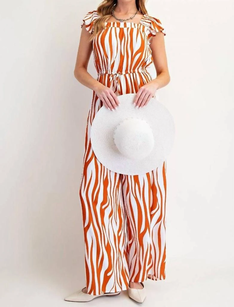 Easel Easel - Curve Print Cotton Linen Wide Leg Jumpsuit 4