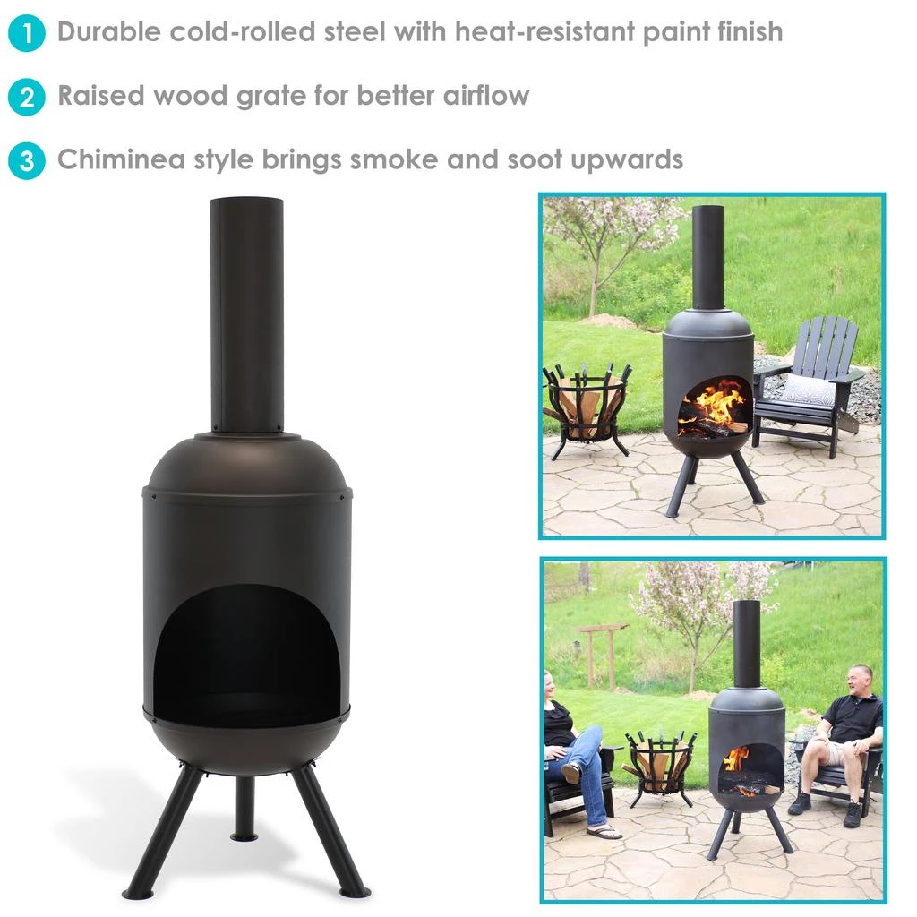 Sunnydaze Outdoor Backyard Patio Modern Steel Wood-Burning Fire Pit Chiminea with Wood Grate - 5' - Black 3