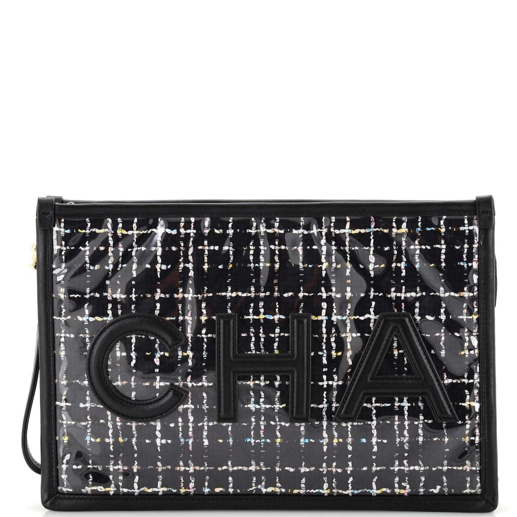 Chanel Logo Wristlet Clutch PVC Over Quilted Tweed Large 1