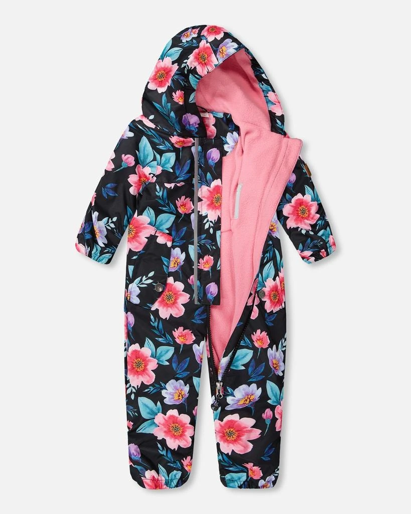 Deux par Deux Baby Mid-Season One-Piece Outerwear with Hat Black Printed Flowers 4