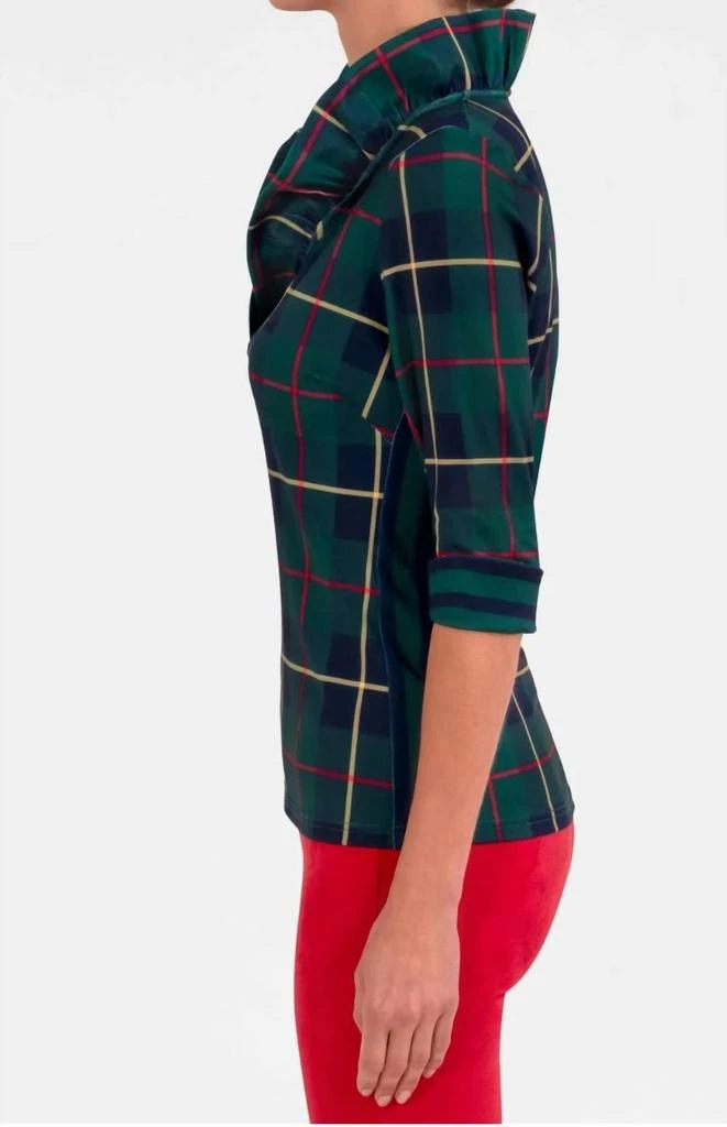 GRETCHEN SCOTT Stand Up Ruffle Neck Top In Green Plaidly Cooper 3