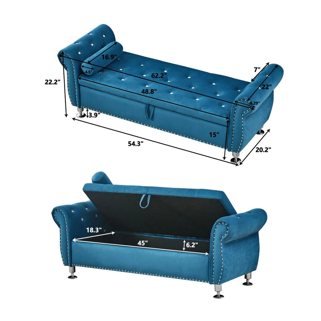 Streamdale Furniture Streamdale Blue 62.2" Soft Velvet Storage Bench with Crystal Buttons 
Pillow 3