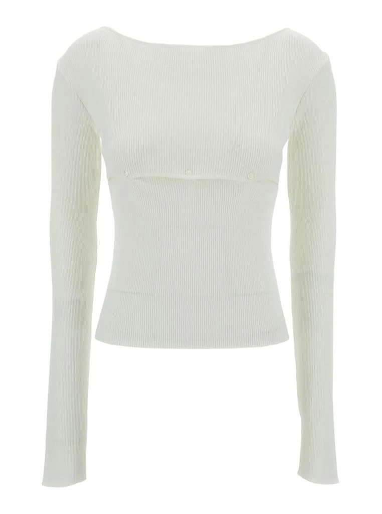 Low Classic White Ribbed Top With Boat Neckline And Buttons In Rayon Blend Woman 1