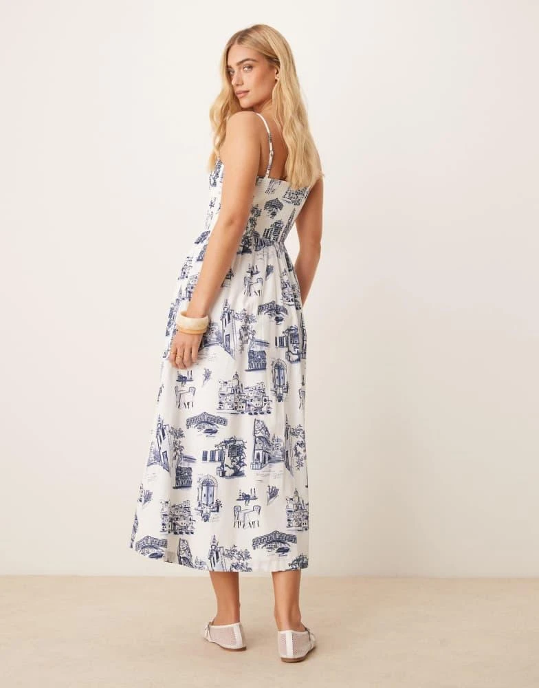 Abercrombie & Fitch Abercrombie & Fitch dipped waist smocked poplin midi dress in blue and white print 3