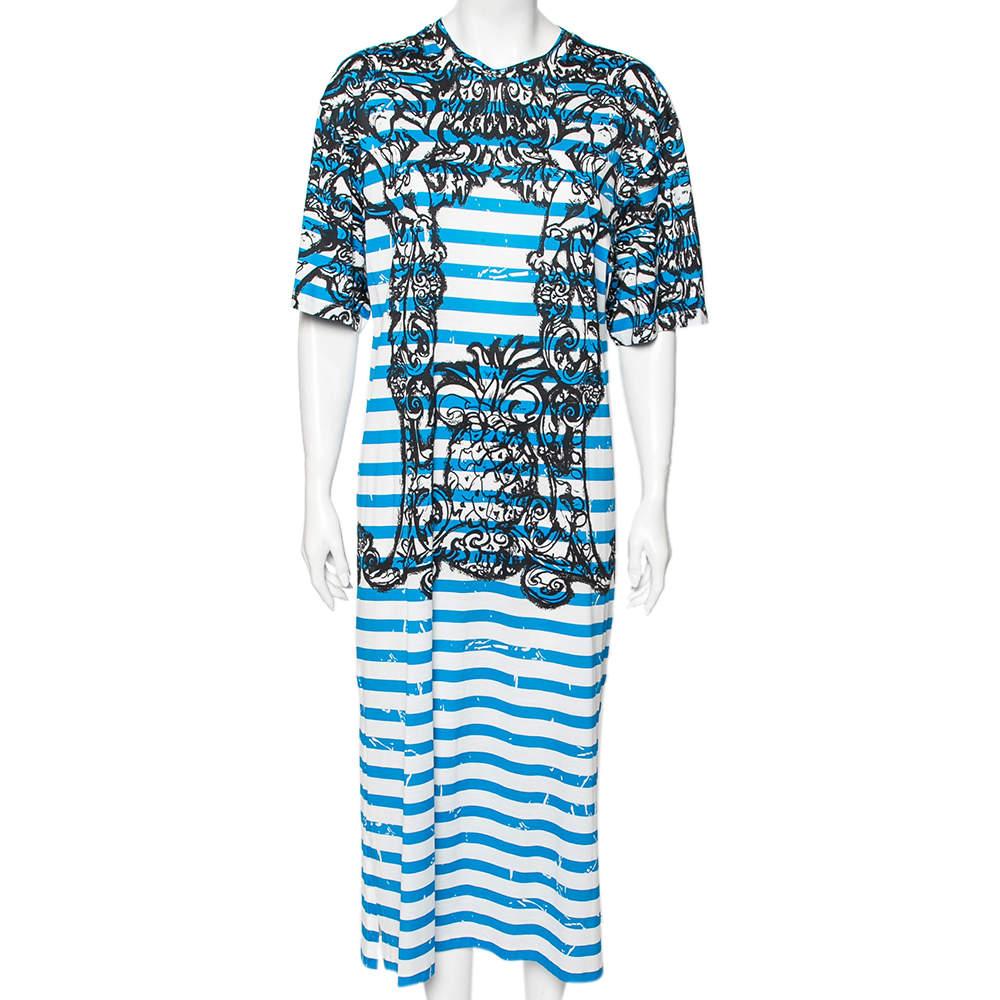 Prada Prada Blue & White Striped Cotton Printed Short Sleeve Dress M
