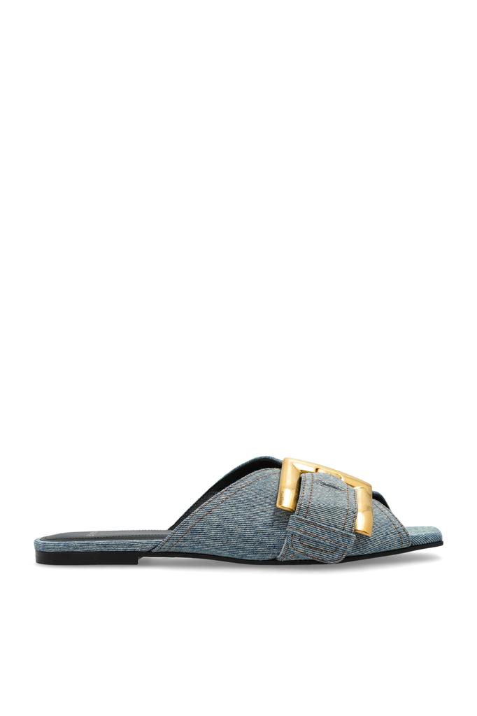 Balmain Safety Mule In Denim Fabric With Applied Pin