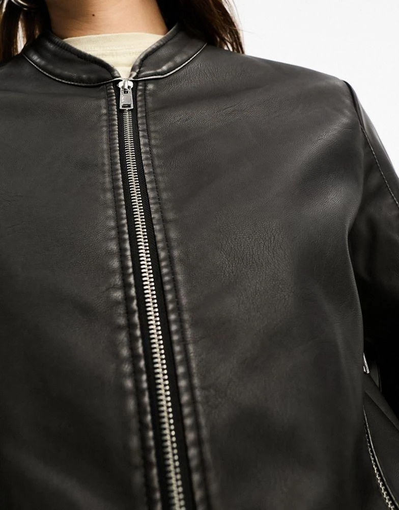 ONLY ONLY faux leather bomber jacket in washed black 4