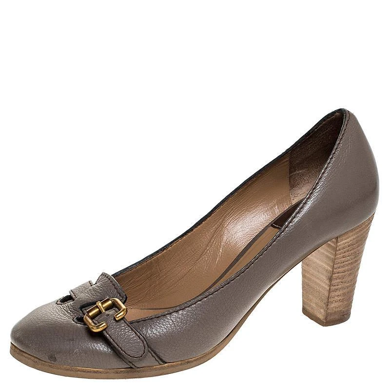 Chloé Chloe Grey Leather Buckle Detail Block Heel Pumps Size 37 1