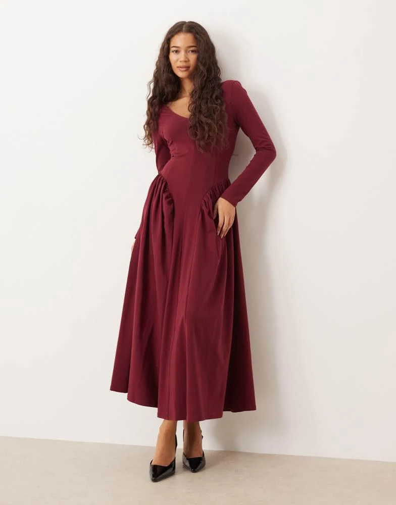 ASOS ASOS DESIGN v-neck long sleeve waisted midi dress in burgundy - Dresses  & Skirts - BeyondStyle
