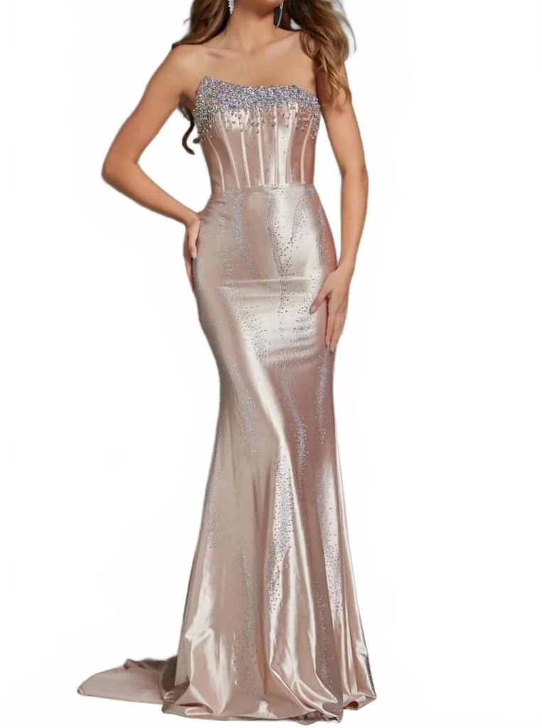 Jovani Strapless Embellished Satin Dress In Champagne 1