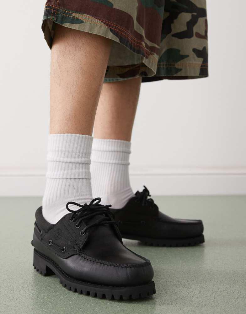 Timberland Authentic 3 eye boat shoe in black leather – On Sale