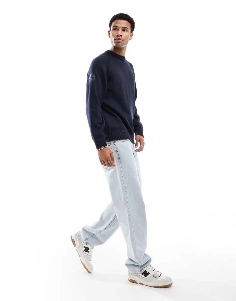 Pretty Green Pretty Green crew neck knit jumper with sleeve patch in navy 2