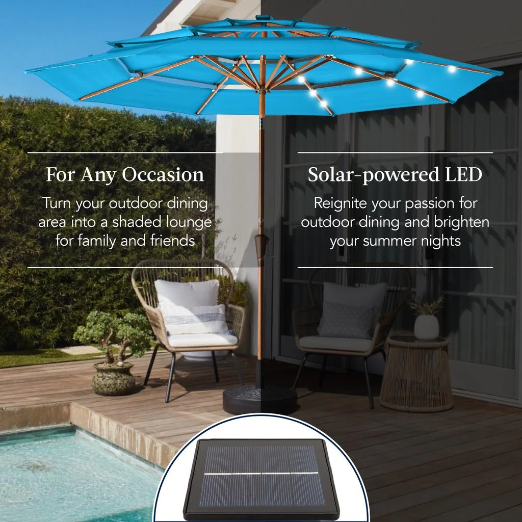 Best Choice Products Woodgrain Pattern 10ft 3-Tier Solar Patio Umbrella w/ 24 LED Lights, Tilt 5