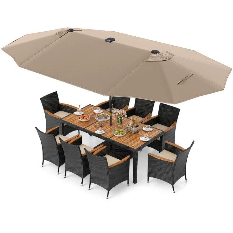 Hivvago 11 Pieces Patio Dining Set with LED Patio Umbrella with Base and Seat Cushions 10