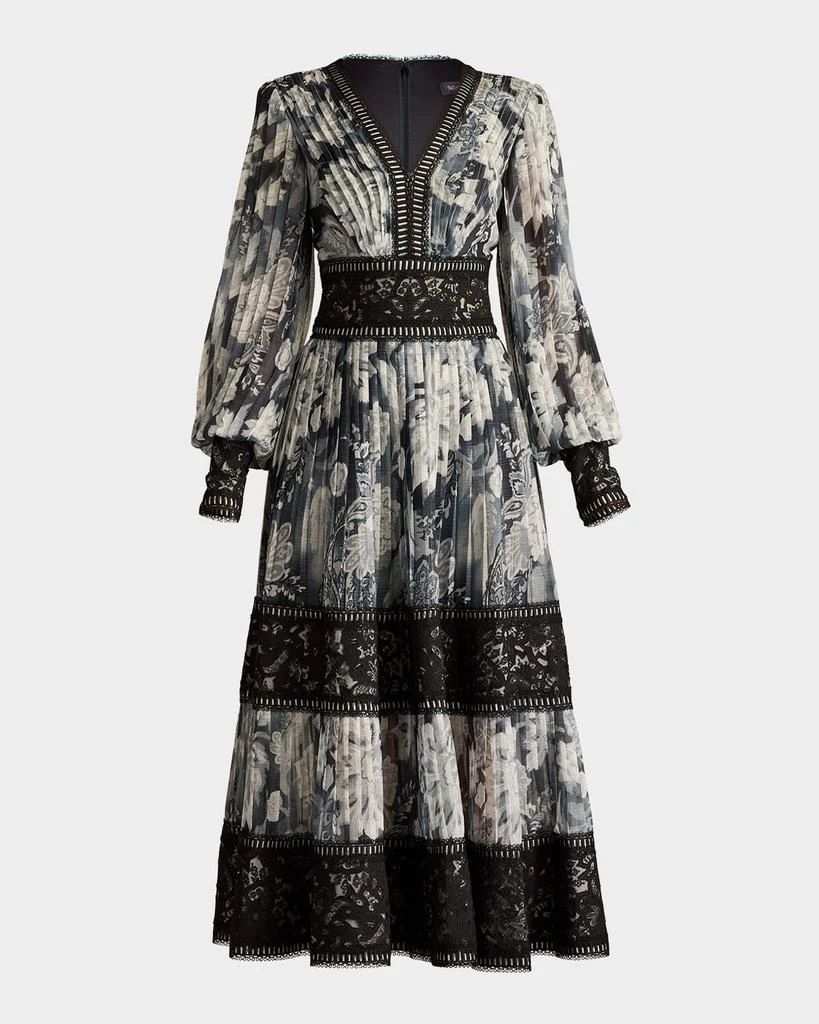 Tadashi Shoji Pleated Lace Tiered Floral-Print Midi Dress 1