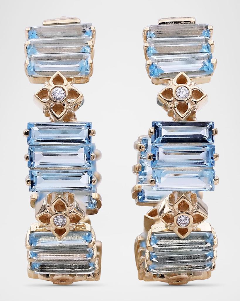 Stephen Dweck 18K Yellow Gold Diamond and Baguette Swiss Blue Topaz Hoop Earrings