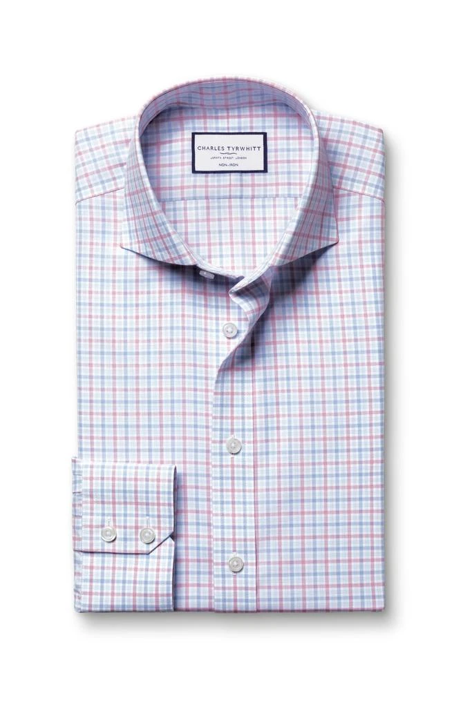 Charles Tyrwhitt Men's Check Non-Iron Twill Cutaway Slim Fit Shirt Single Cuff 12