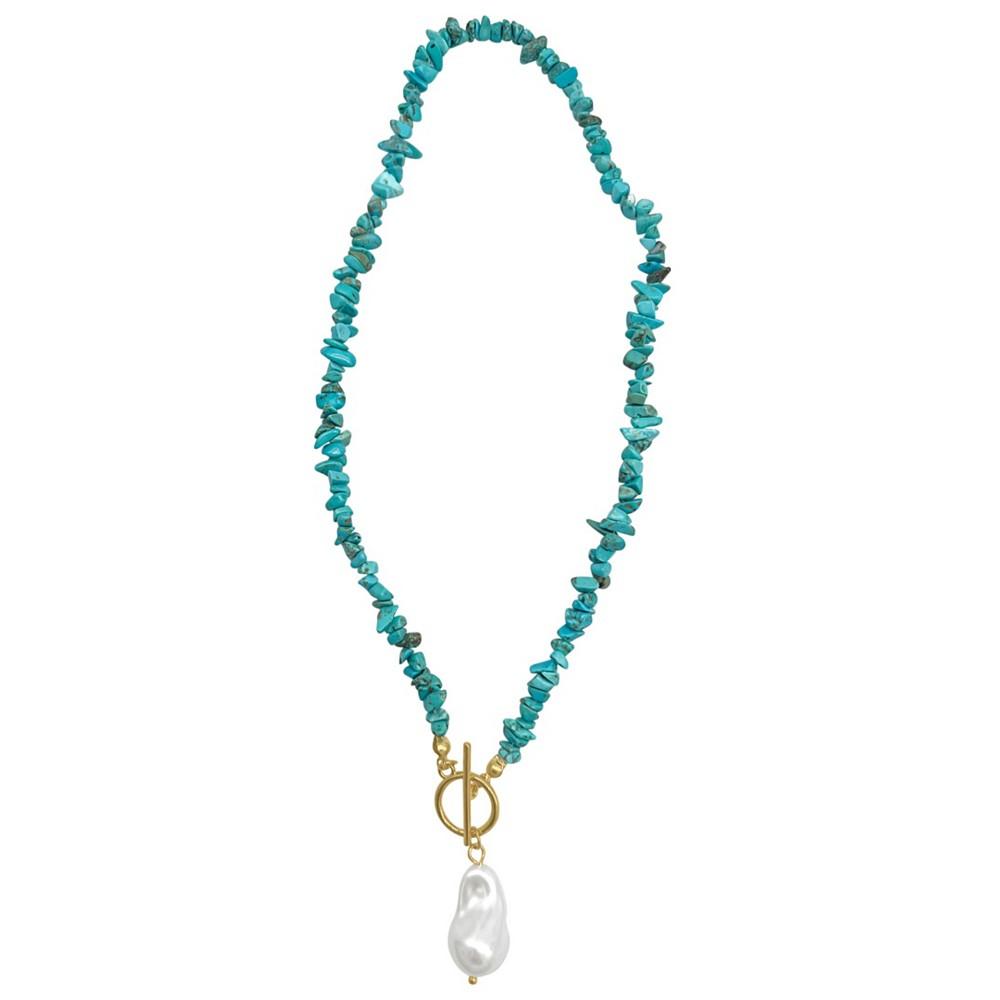 ADORNIA 17" Multi Shape Faux Turquoise Stone Toggle 14K Gold Plated Necklace with Imitation Pearl Pendant