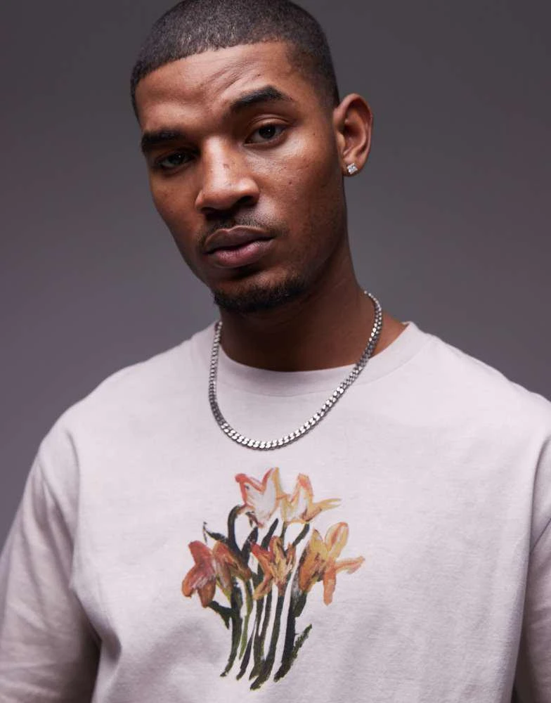 Topman Topman oversized fit t-shirt with front and back daffodils print in stone 2