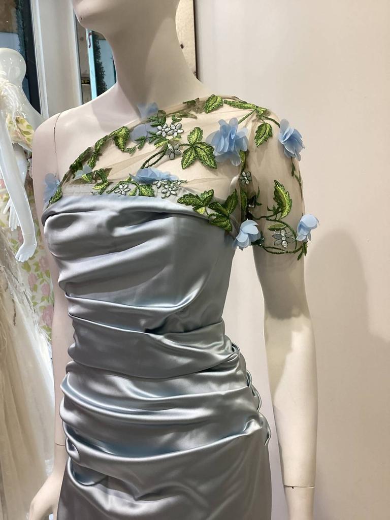 CATHERINE DEANE Flowered One Shoulder Cocktail Dress In Light Blue