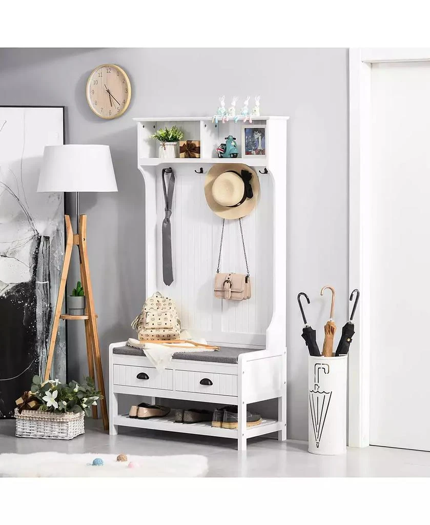 Streamdale Furniture 3-in-1 Hall Tree, Entryway Bench with Coat Rack, Mudroom Bench with Shoe Rack, 2 Storage Drawers, 4 Hooks and Padded Seat Cushions for Hallway, White 8