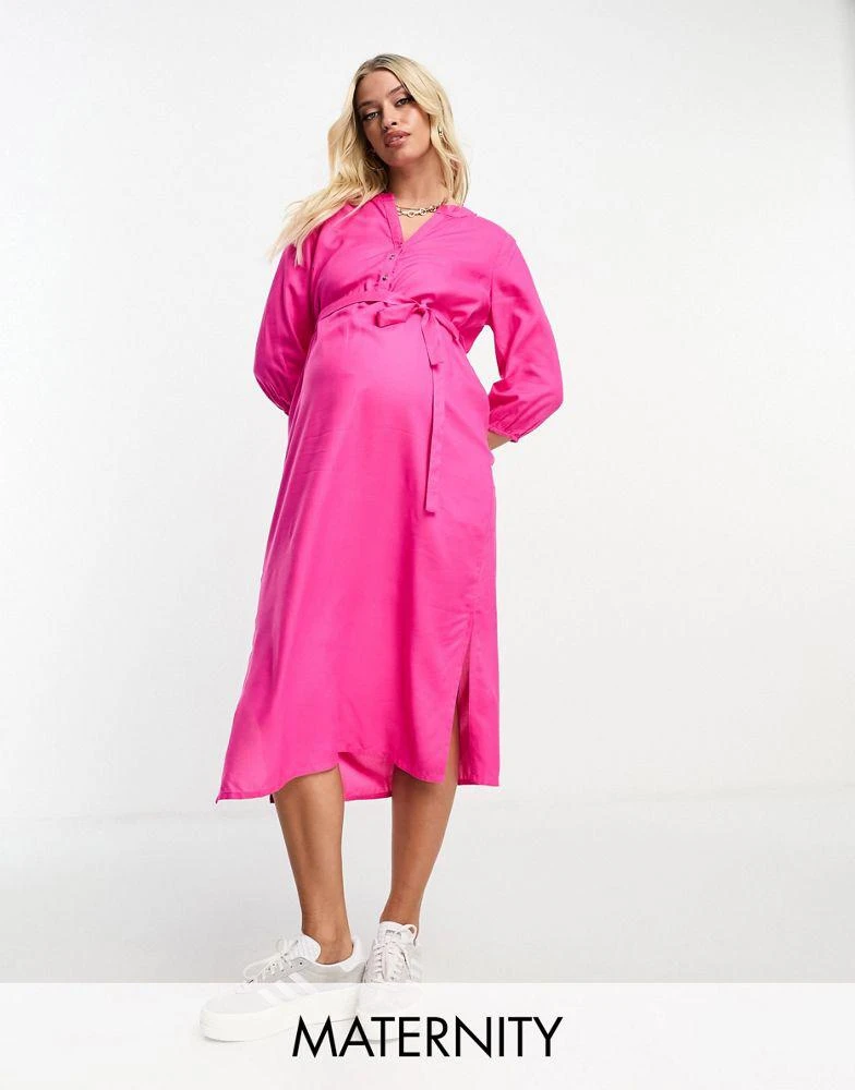 Mama.licious Mamalicious Maternity long sleeve wrap midi dress in pink 1