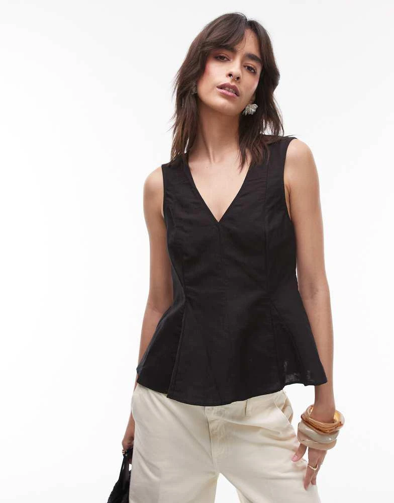 Mango Mango linen mix v-neck peplum top in black 1