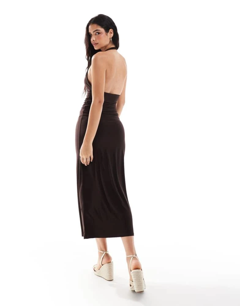 Pull&Bear Pull&Bear halterneck ruched front maxi dress in dark chocolate brown 4