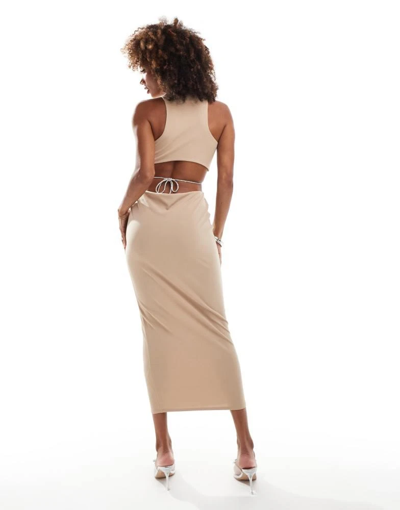 ASOS ASOS DESIGN plunge diamante trim cut out midi dress in mocha 3