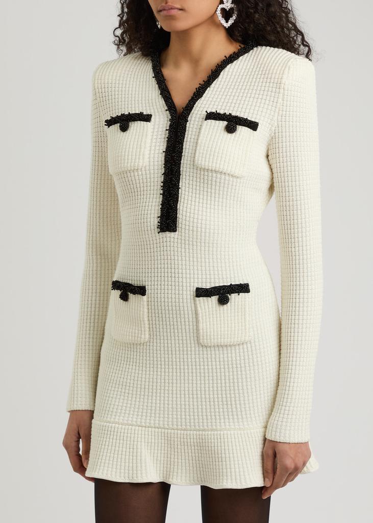 Self Portrait Pearl-trimmed waffle-knit mini dress