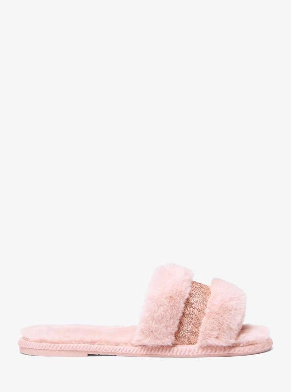 Michael Kors Alexis Faux Fur and Metallic Signature Logo Slide Sandal 2