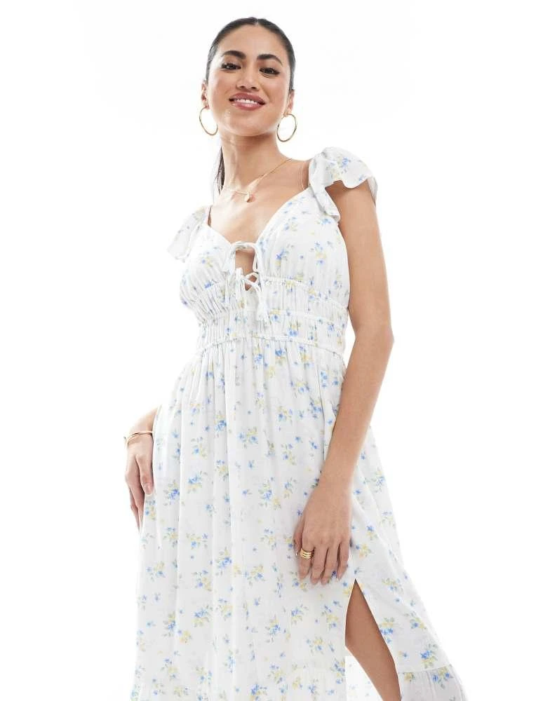 HOLLISTER Hollister short sleeve milkmaid midi slit dress in blue floral 2