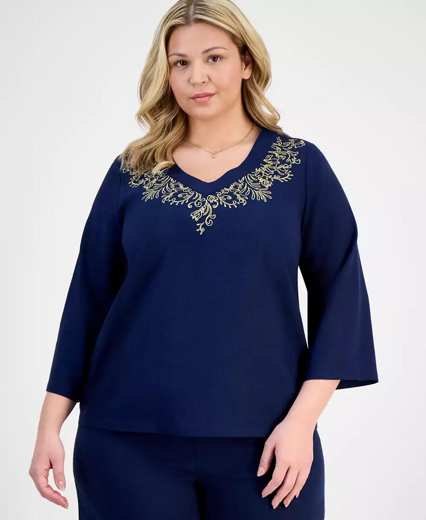 JM Collection Plus Size Metallic Embroidered V-Neck Top, Exclusively at Macy's