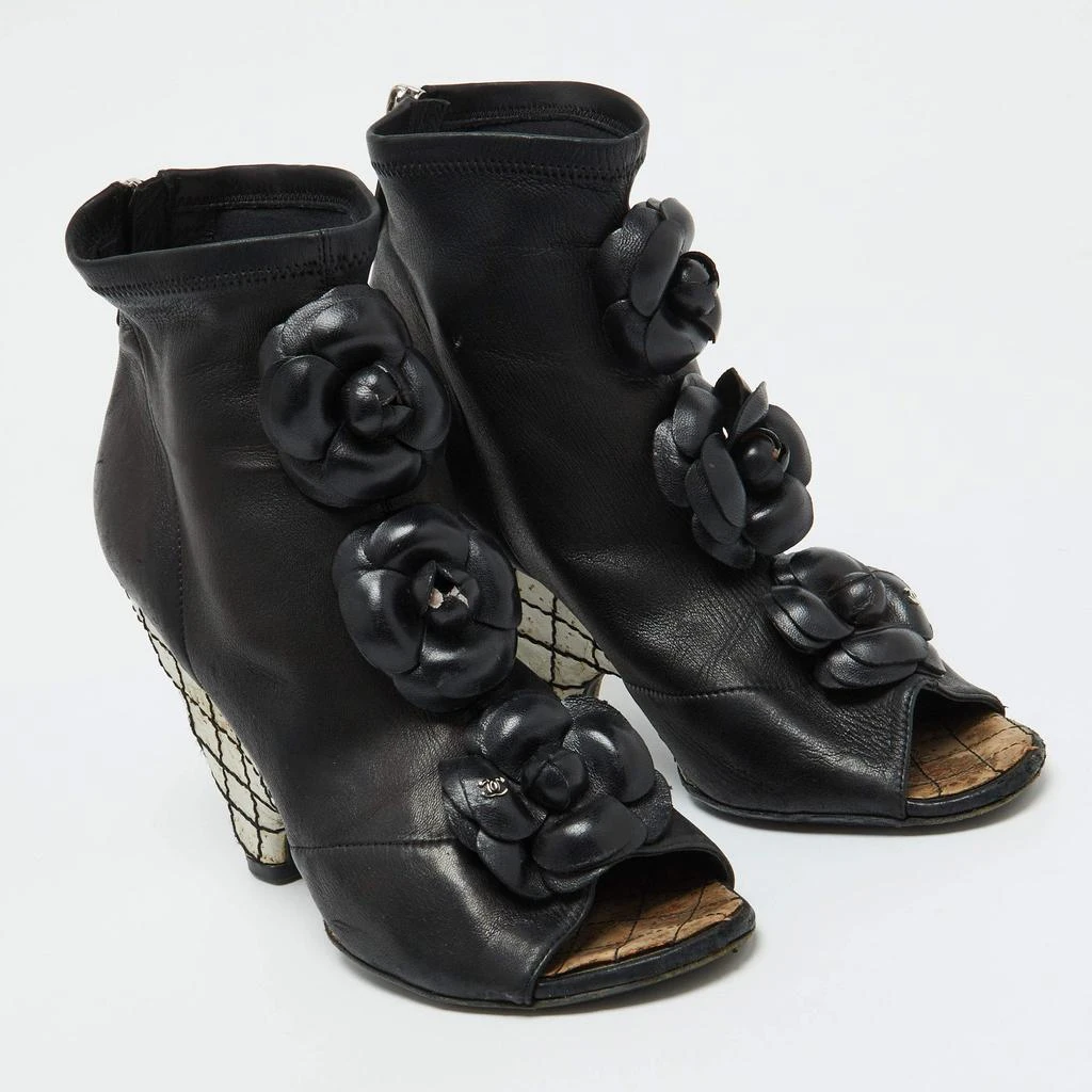 Chanel Chanel Black Leather CC Camellia Ankle Cork Wedge Boots Size 39 4