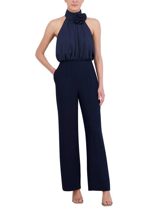 Eliza J J Womens Halter Sleeveless Rosette Jumpsuit