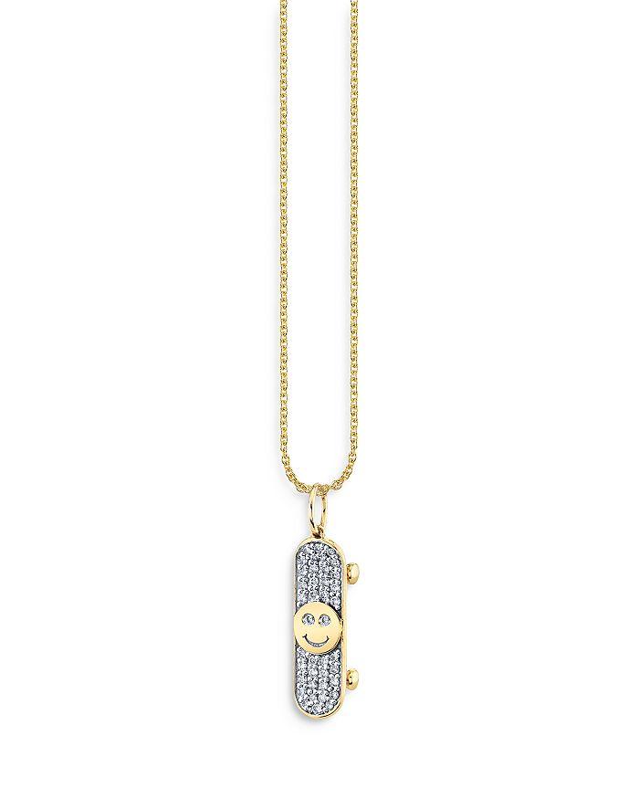 Sydney Evan 14K Yellow Gold Diamond Happy Face Skateboard Pendant Necklace, 18"