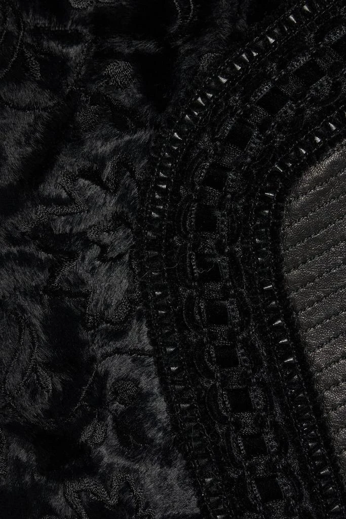 Andrew Gn Fringed leather-paneled embroidered faux fur mini skirt 4