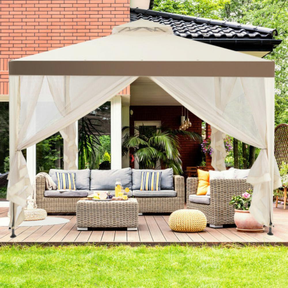 Hivvago Canopy Gazebo Tent Shelter Garden Lawn Patio with Mosquito Netting-Beige
