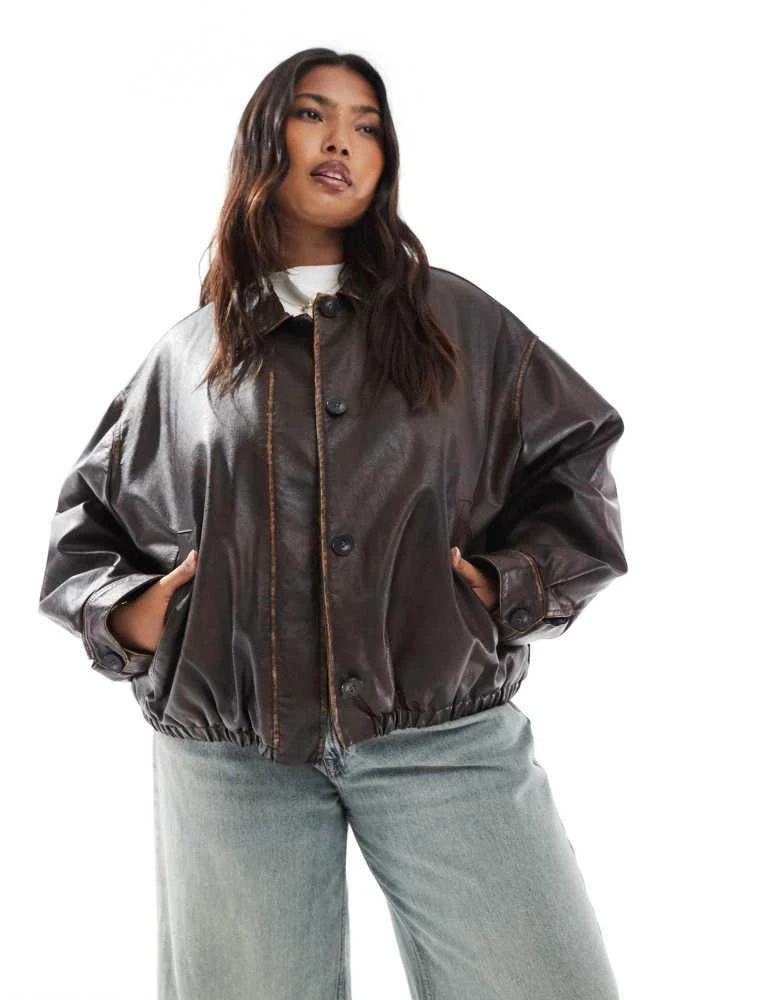 ASOS ASOS DESIGN Curve vintage wash leather look bomber jacket in brown 1