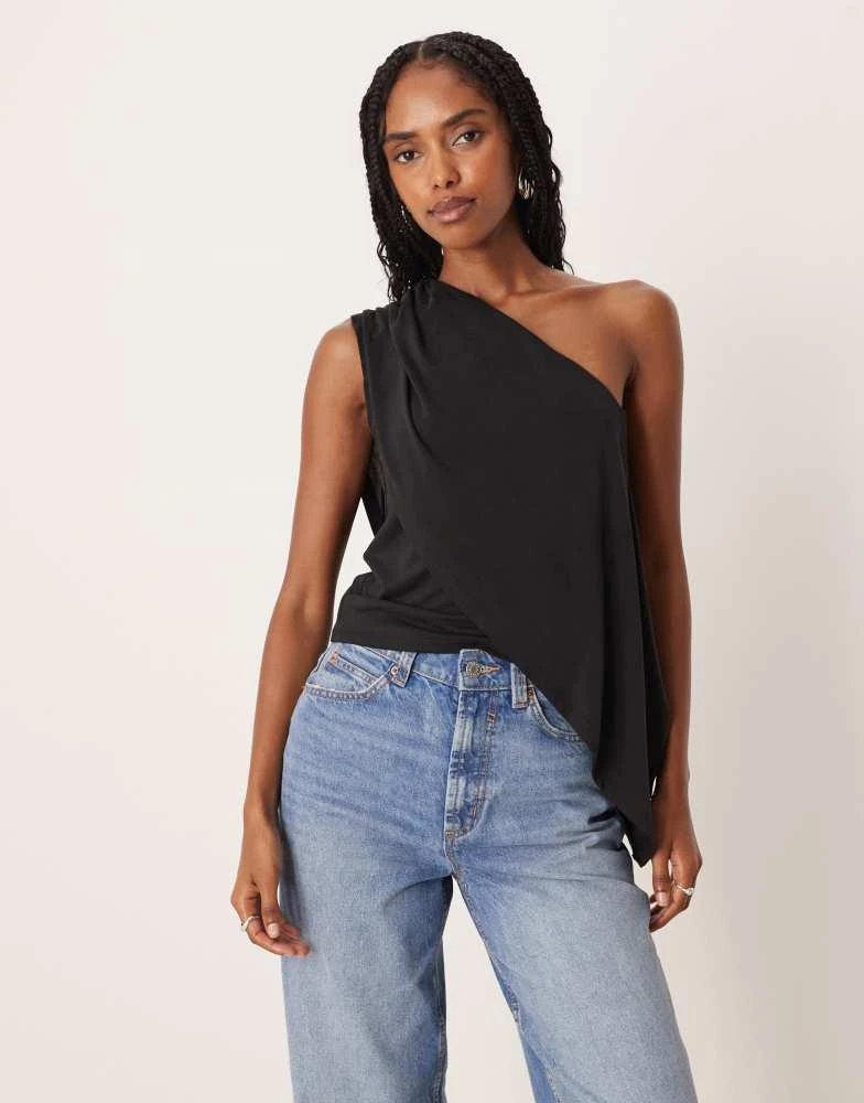 Shop ASOS DESIGN modal drape one shoulder top in black on Sale at